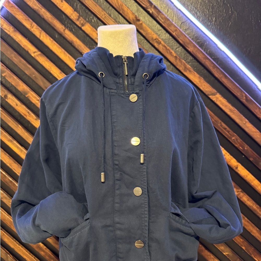 Kenneth Cole Navy Blue Hooded Jacket with Silver Accents